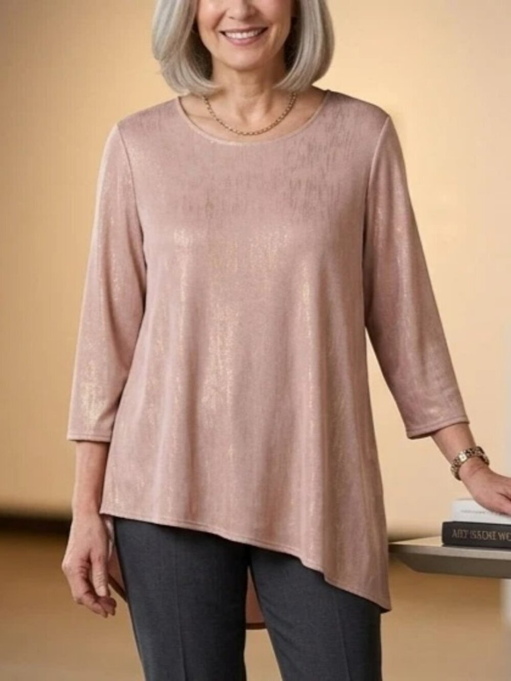 Chico's Travelers Shimmer Top Size XL / 3 Peachy Pink Asymmetrical Hem Stretch